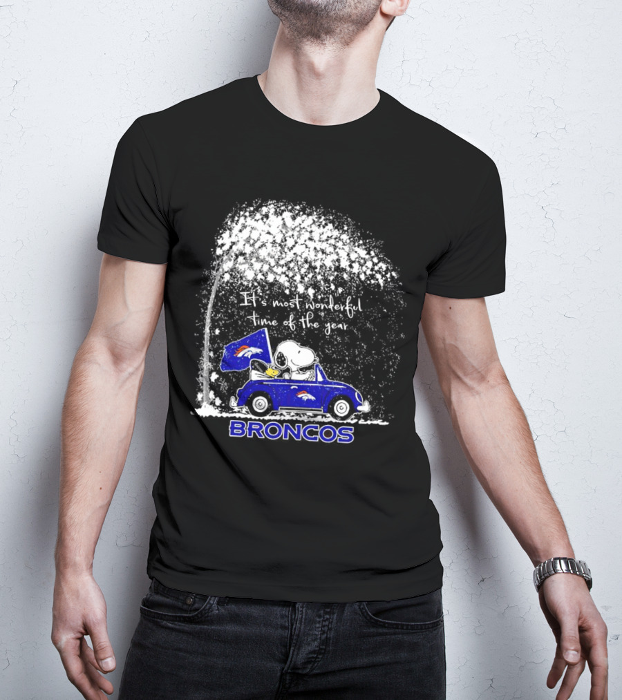 Snoopy And Woodstock Broncos It’s Most Wonderful Time Of The Year Winter Scene T-Shirt