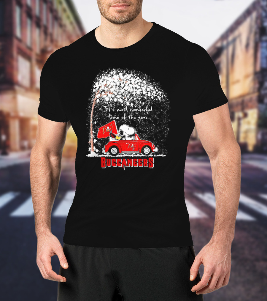 Snoopy And Woodstock Buccaneers It's Most Wonderful Time Of The Year Winter Scene T-Shirt