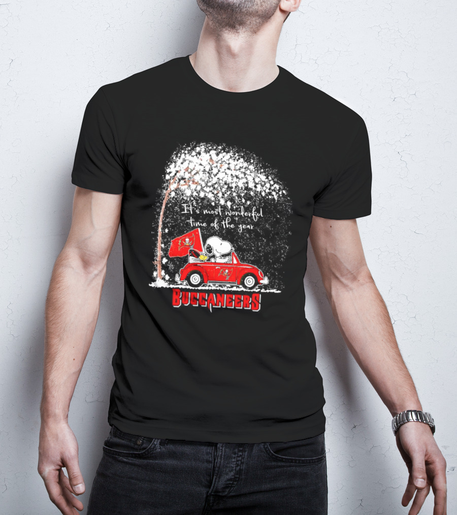 Snoopy And Woodstock Buccaneers It's Most Wonderful Time Of The Year Winter Scene T-Shirt