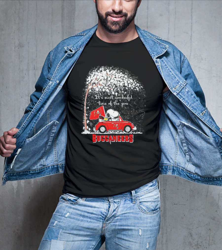Snoopy And Woodstock Buccaneers It's Most Wonderful Time Of The Year Winter Scene T-Shirt