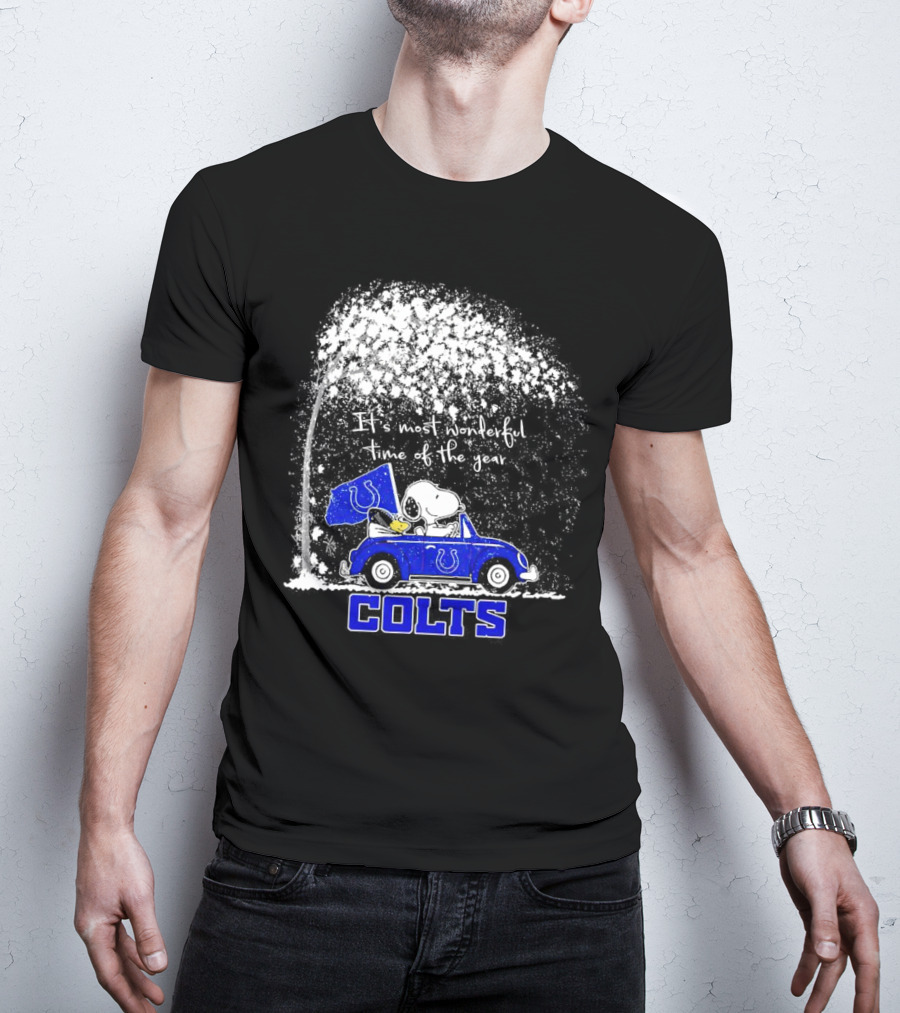 Snoopy And Woodstock Colts It's Most Wonderful Time Of The Year Winter Car Scene T-Shirt