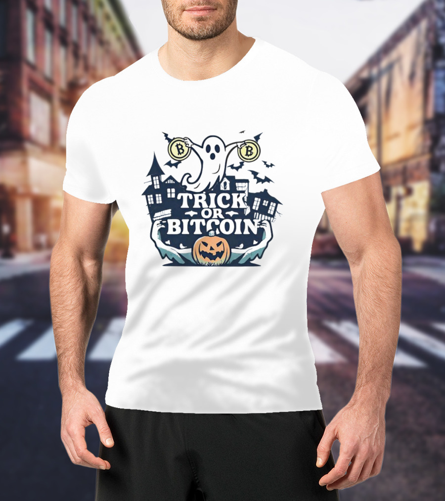 Trick Or Bitcoin Ghost Halloween With Pumpkins And Coins T-Shirt