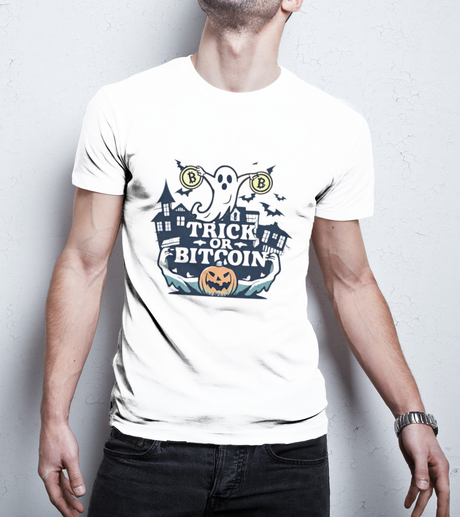Trick Or Bitcoin Ghost Halloween With Pumpkins And Coins T-Shirt