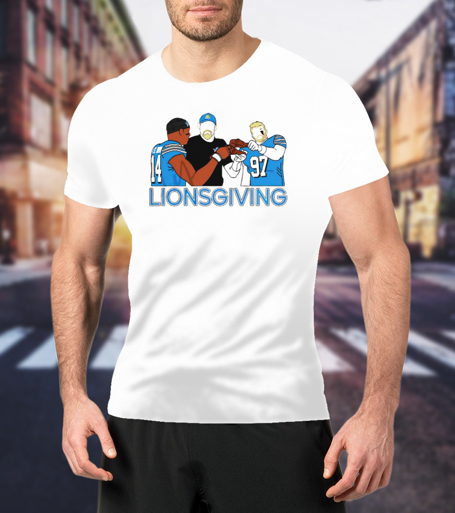 Detroit Lions Lionsgiving Thanksgiving Imagery With Players And Coach T-Shirt
