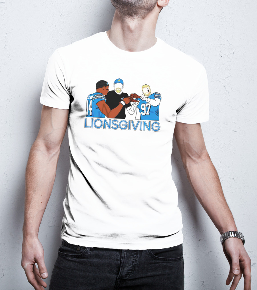 Detroit Lions Lionsgiving Thanksgiving Imagery With Players And Coach T-Shirt