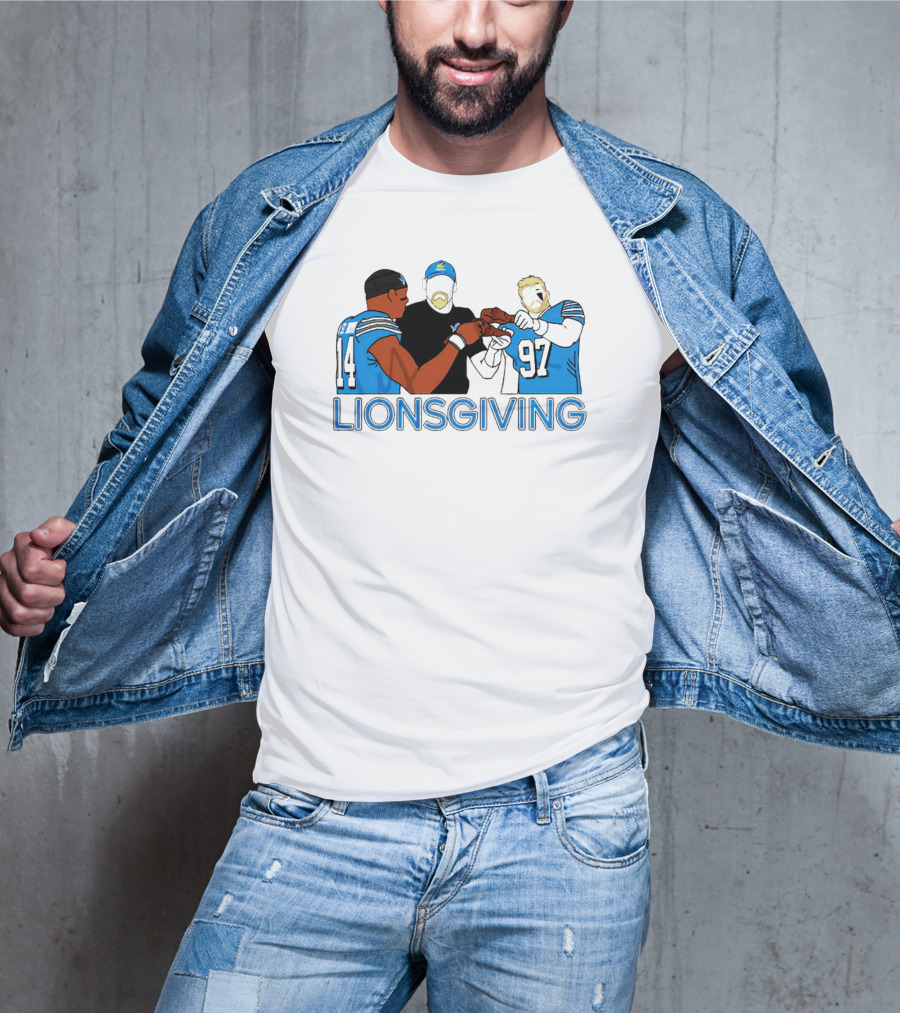Detroit Lions Lionsgiving Thanksgiving Imagery With Players And Coach T-Shirt