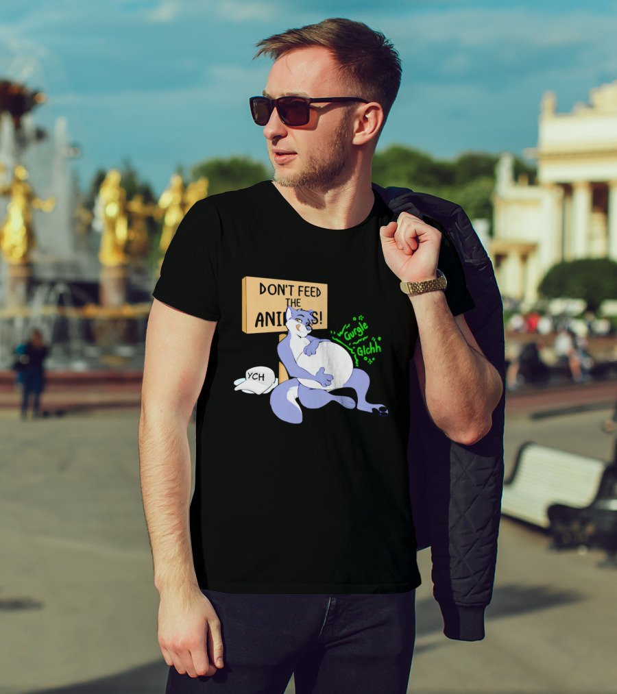 Don't Feed The Animals Gurgle Glchh YCH Sign With Full-Bellied Purple Cartoon Character T-Shirt