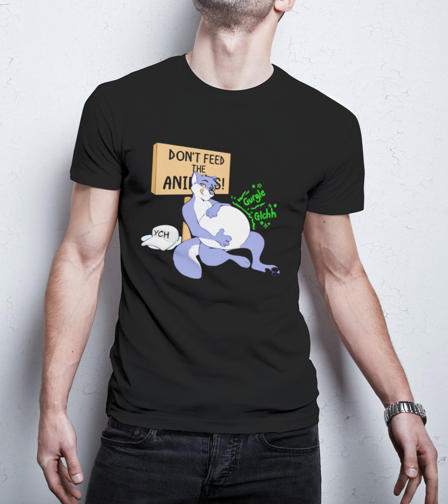 Don't Feed The Animals Gurgle Glchh YCH Sign With Full-Bellied Purple Cartoon Character T-Shirt
