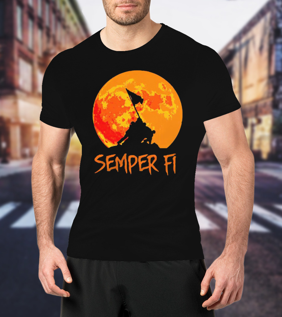 Semper Fi Halloween Full Moon Flag Raising T-Shirt