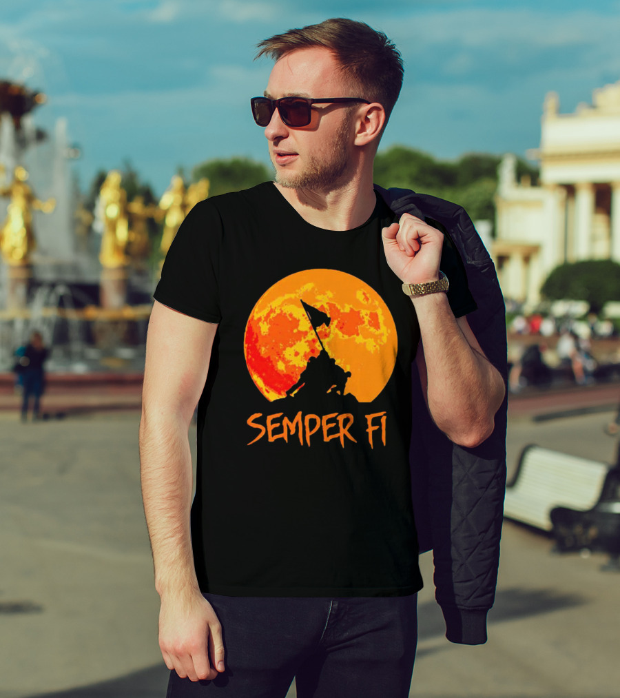 Semper Fi Halloween Full Moon Flag Raising T-Shirt