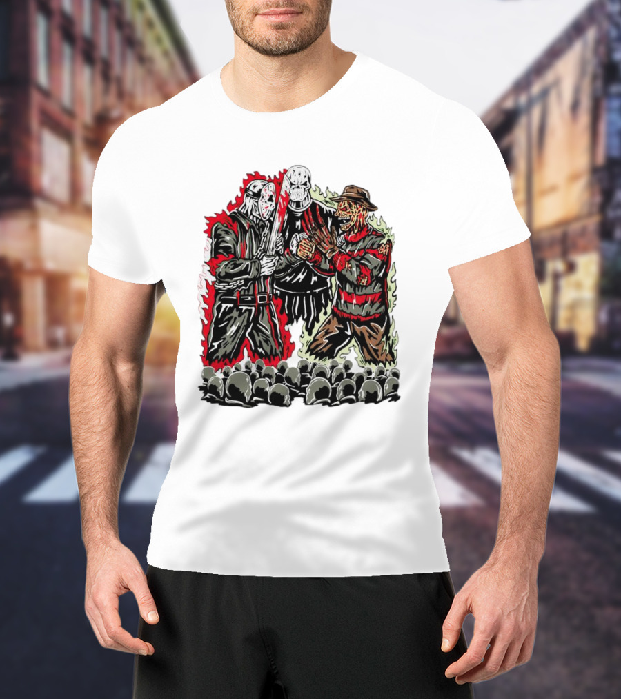 Horror Movies Violent Faceoff Battle Trio In Crowded Arena T-Shirt