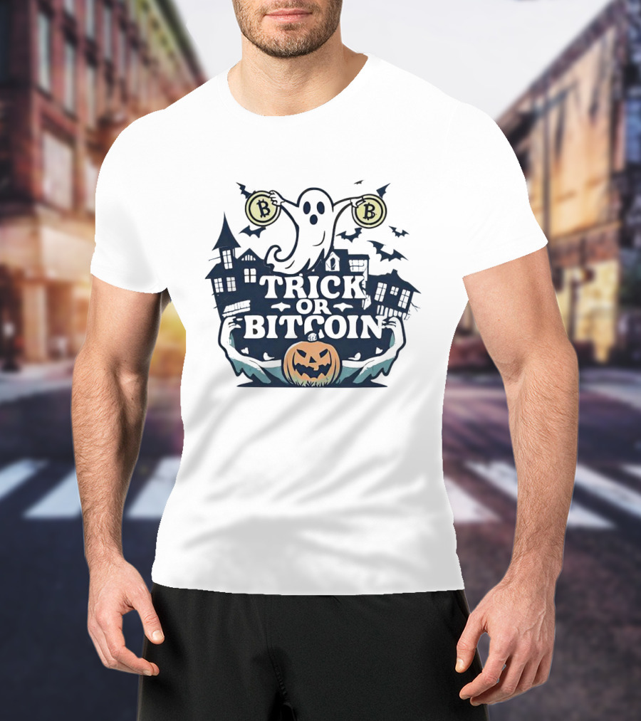 Trick Or Bitcoin Ghost Halloween Haunted House Jack-o'-Lantern T-Shirt