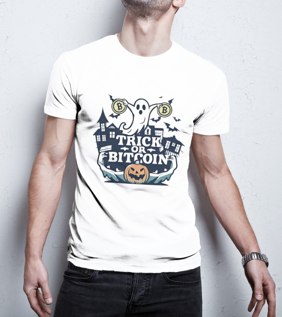 Trick Or Bitcoin Ghost Halloween Haunted House Jack-o'-Lantern T-Shirt