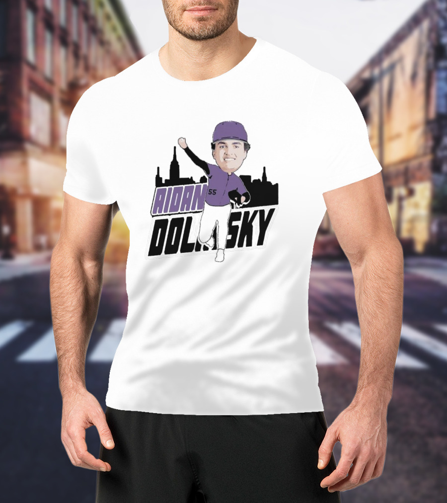 Aidan Dolinsky 55 Purple Baseball Caricature With City Skyline T-Shirt