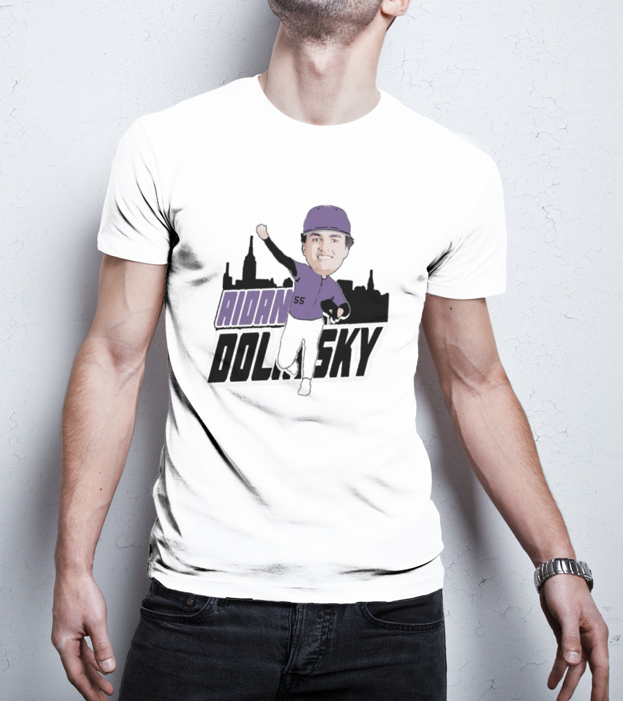 Aidan Dolinsky 55 Purple Baseball Caricature With City Skyline T-Shirt