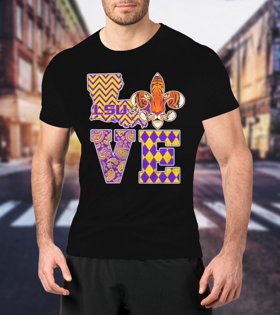 LSU Tigers Love Fleur De Lis Louisiana Purple Gold Chevron Paisley Harlequin T-Shirt