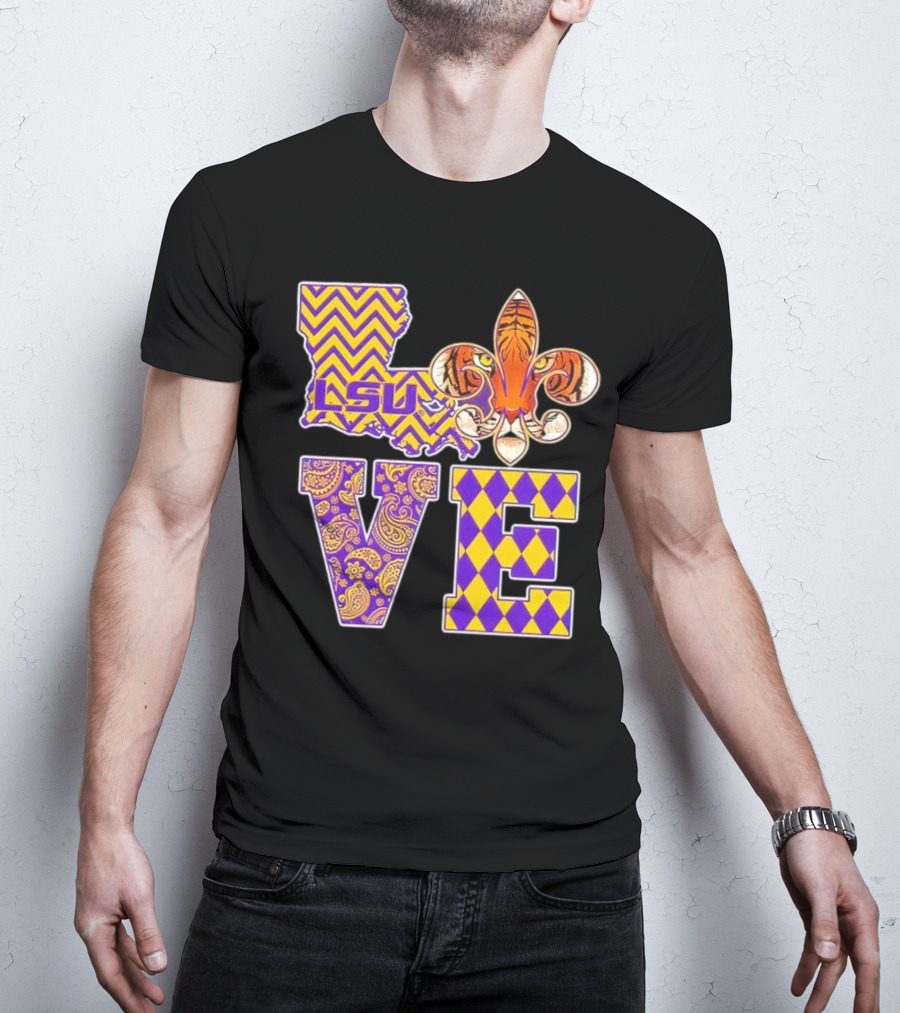 LSU Tigers Love Fleur De Lis Louisiana Purple Gold Chevron Paisley Harlequin T-Shirt