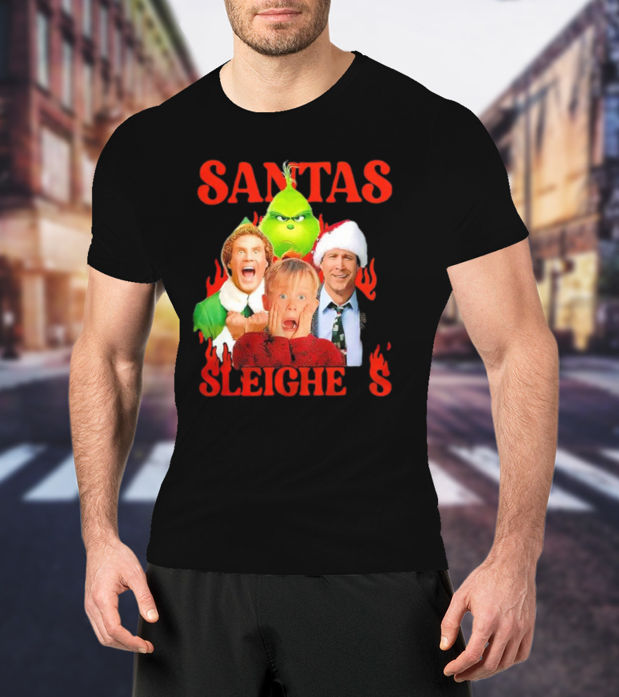 Santas Sleighers Christmas Rock Tour Featuring Iconic Holiday Characters T-Shirt