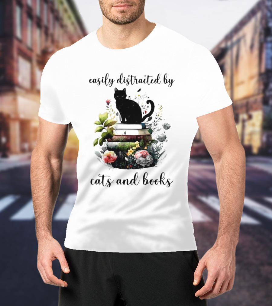 Easily Distracted By Cats And Books Black Cat On Stacked Books With Flowers T-Shirt