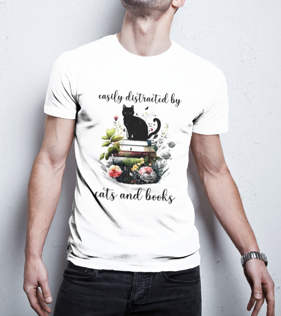 Easily Distracted By Cats And Books Black Cat On Stacked Books With Flowers T-Shirt