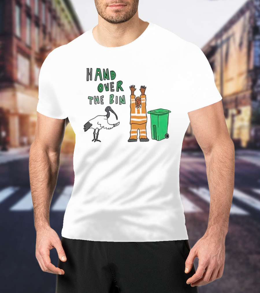 Hand Over The Bin Garbage Collector And Bird Cartoon Scene T-Shirt