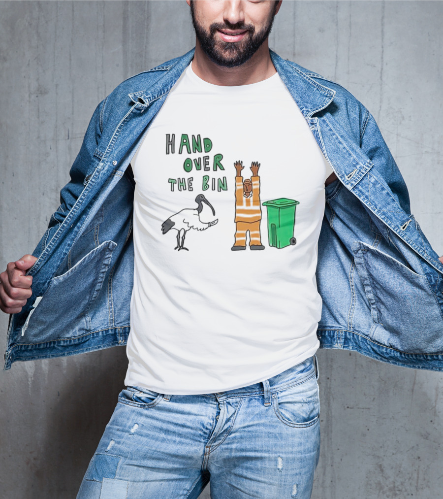 Hand Over The Bin Garbage Collector And Bird Cartoon Scene T-Shirt