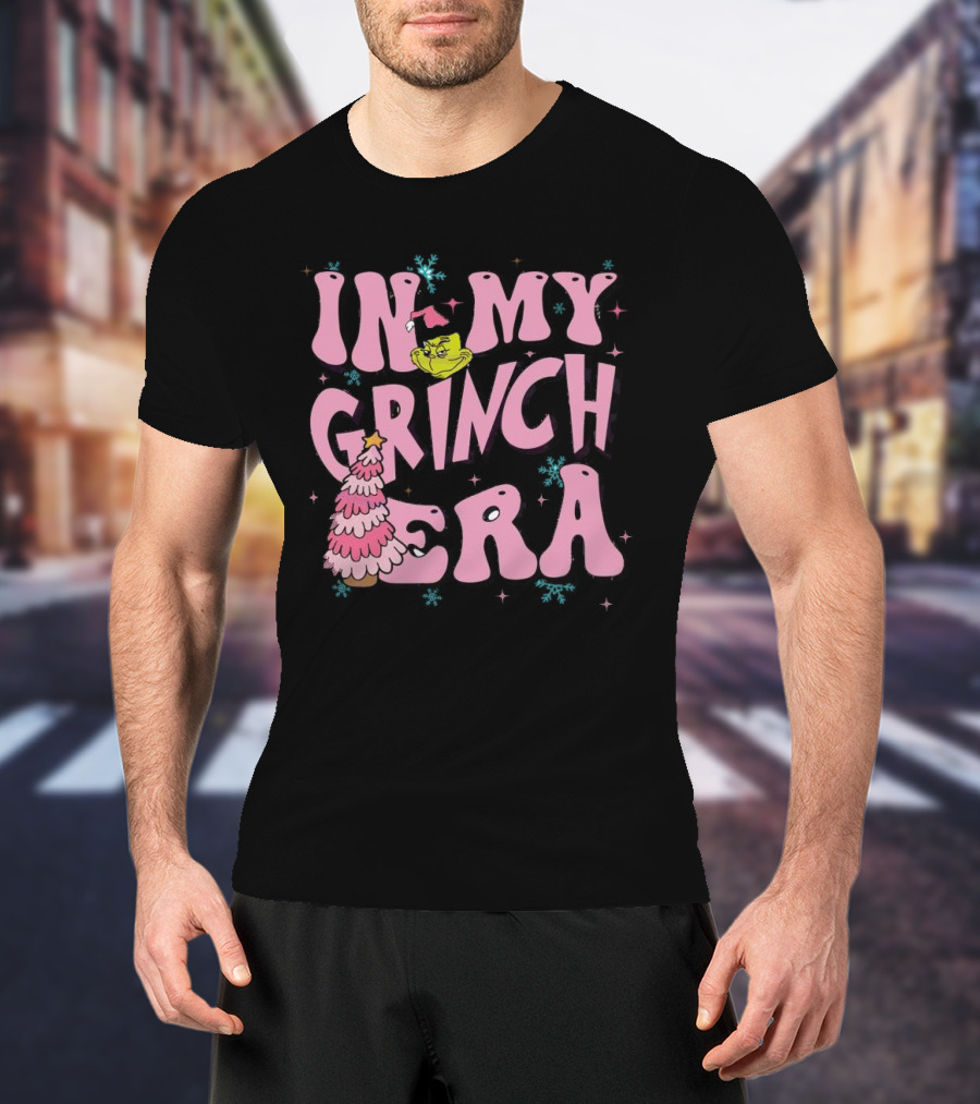 In My Grinch Era Pink Christmas Tree With Green Face And Santa Hat T-Shirt