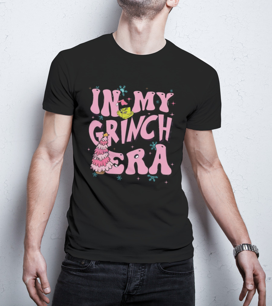 In My Grinch Era Pink Christmas Tree With Green Face And Santa Hat T-Shirt