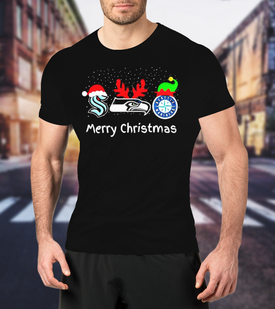 Seattle Kraken Seahawks Mariners Santa Reindeer Elf Merry Christmas T-Shirt