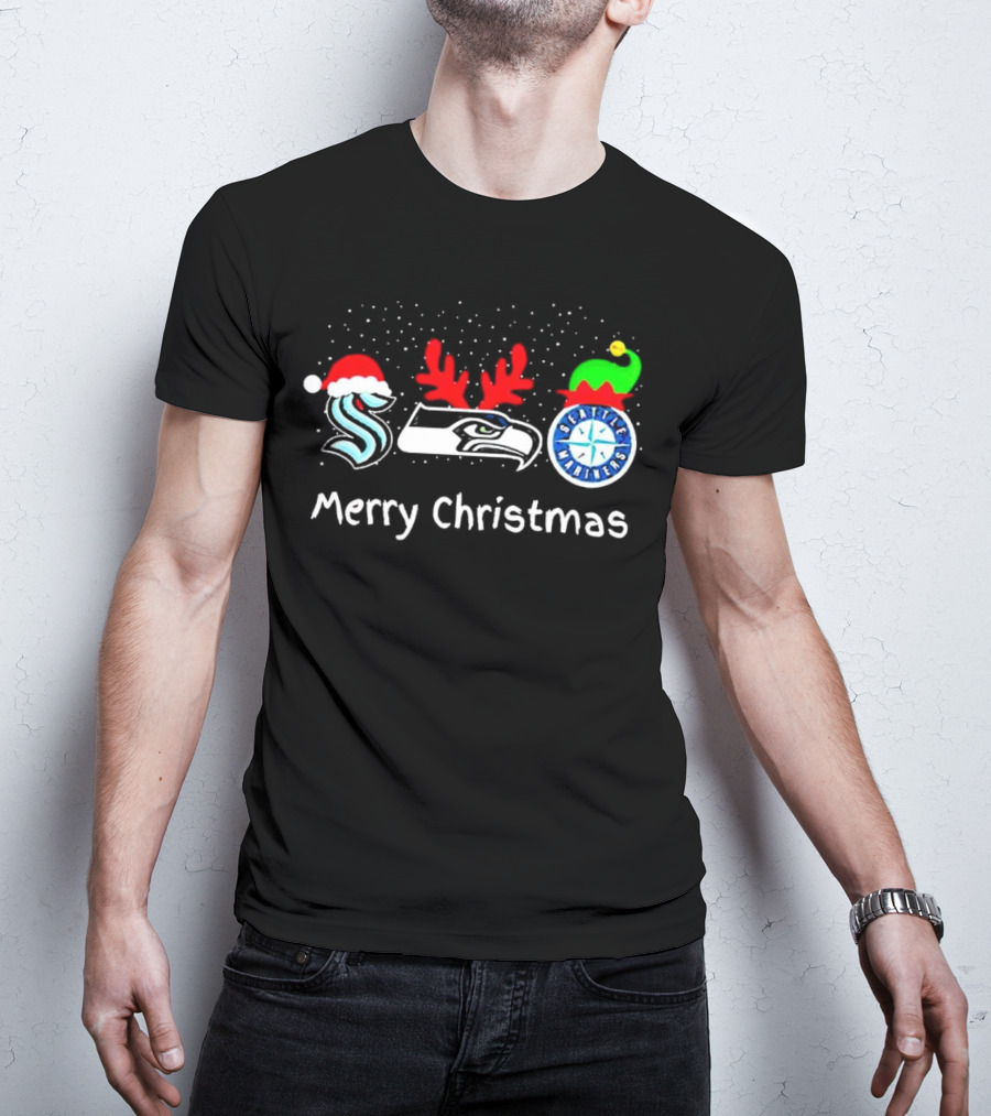 Seattle Kraken Seahawks Mariners Santa Reindeer Elf Merry Christmas T-Shirt