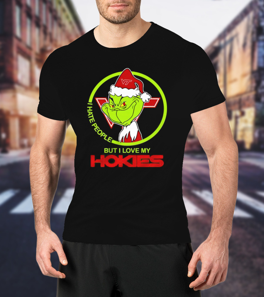 I Hate People Grinch Loves Hokies Christmas VT Santa Hat T-Shirt