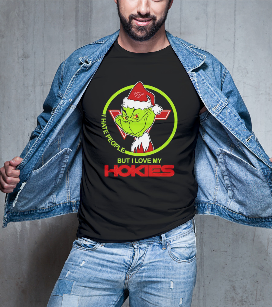 I Hate People Grinch Loves Hokies Christmas VT Santa Hat T-Shirt