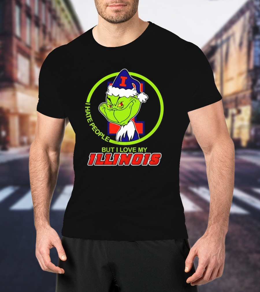 Grinch I Hate People But I Love My Illinois Holiday Spirit T-Shirt