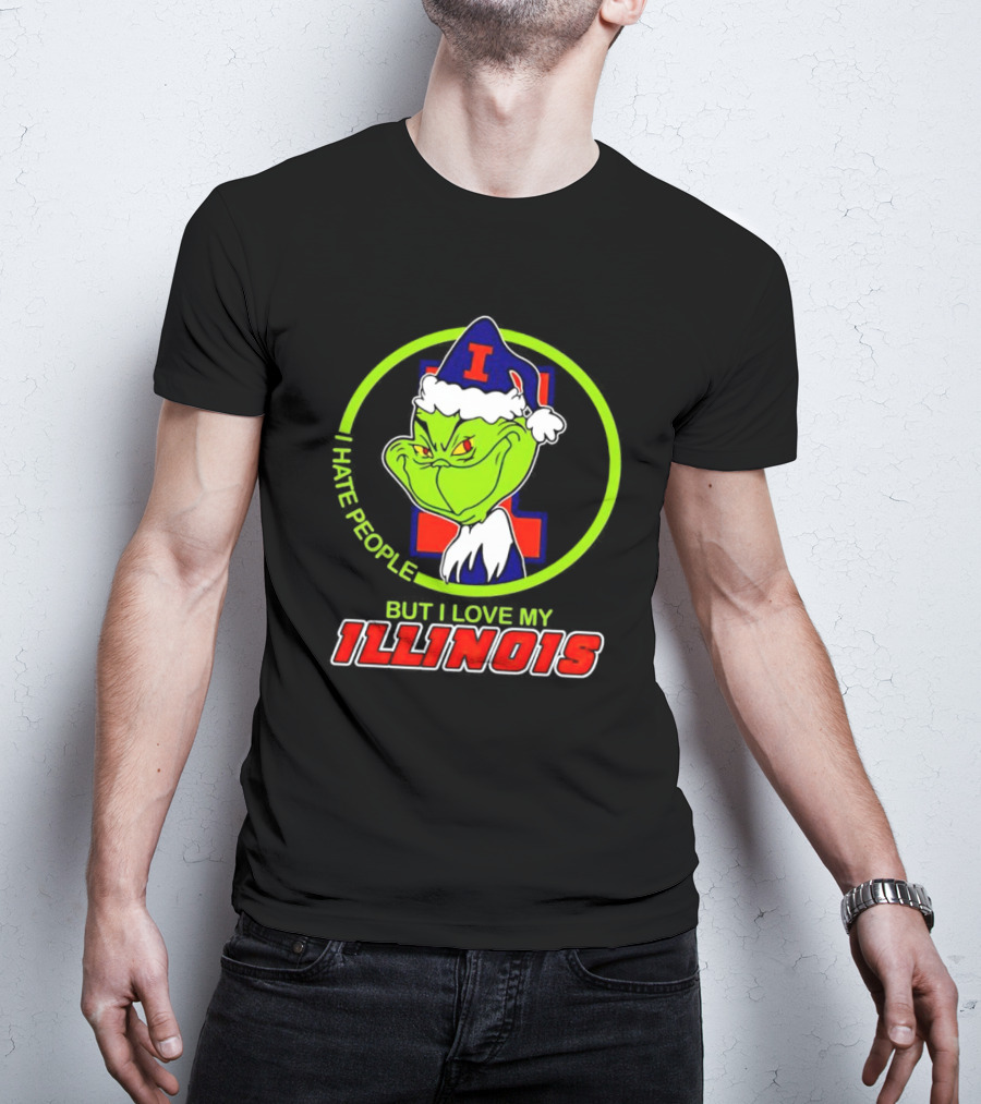 Grinch I Hate People But I Love My Illinois Holiday Spirit T-Shirt