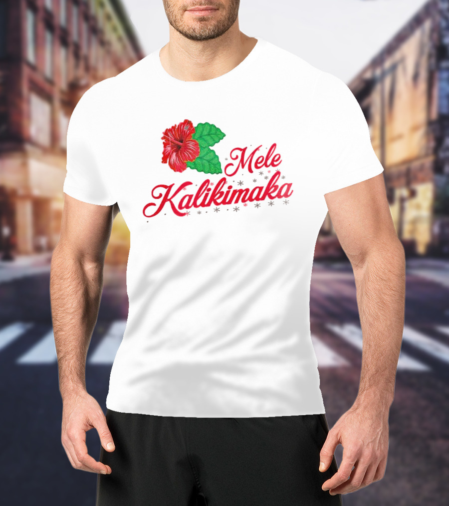 Mele Kalikimaka Red Hibiscus Flower With Green Leaves T-Shirt