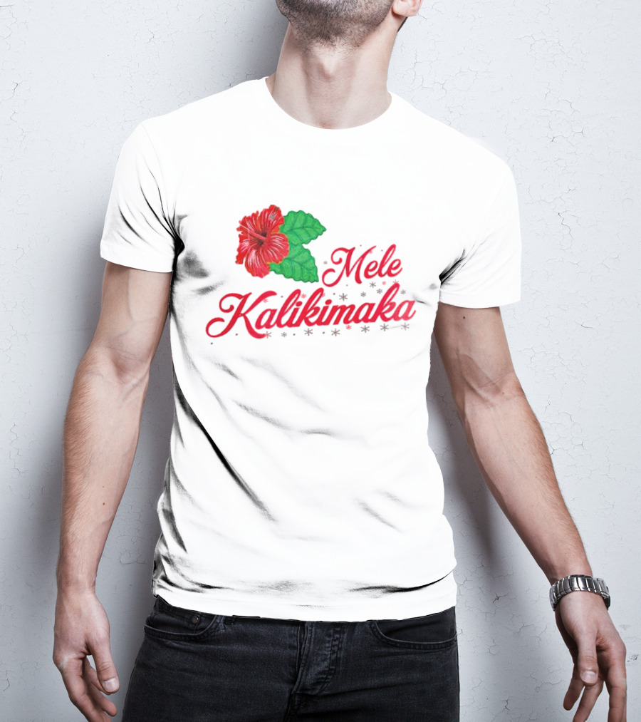 Mele Kalikimaka Red Hibiscus Flower With Green Leaves T-Shirt
