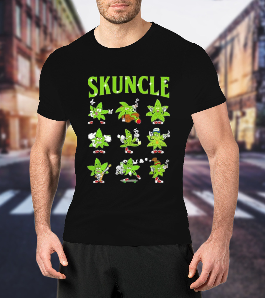 SKUNCLE Smells Like Weed Funny Cartoon Characters Smoking T-Shirt