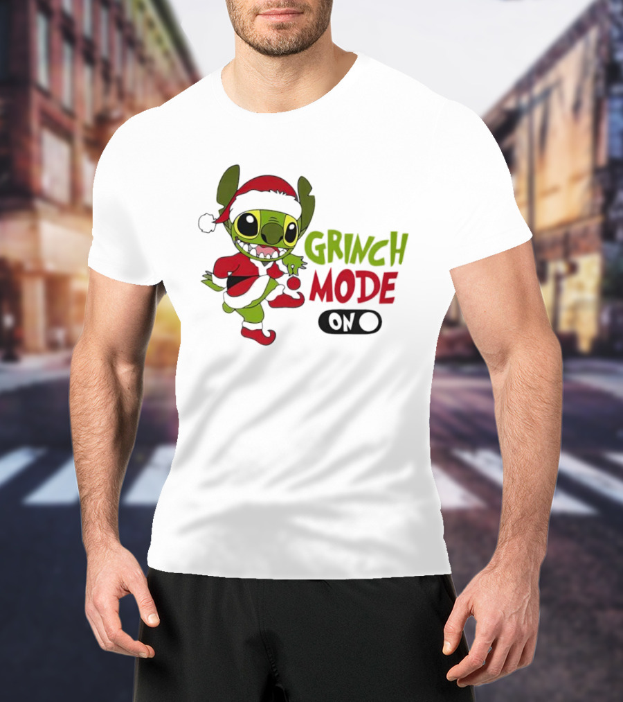 Stitch Grinch Mode On Christmas Santa Hat Festive T-Shirt