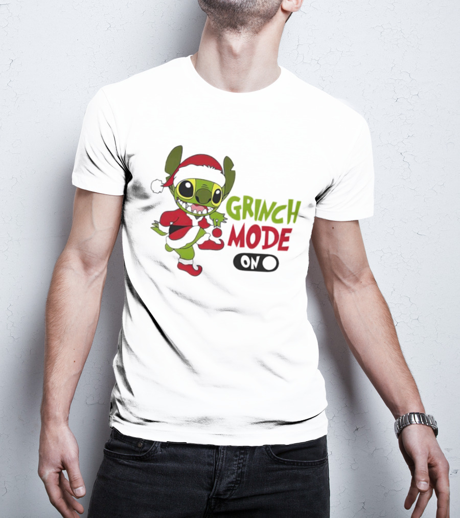 Stitch Grinch Mode On Christmas Santa Hat Festive T-Shirt