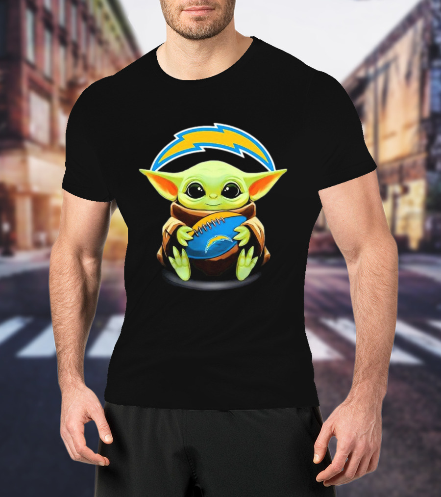 Baby Yoda Holding Los Angeles Chargers Football T-Shirt