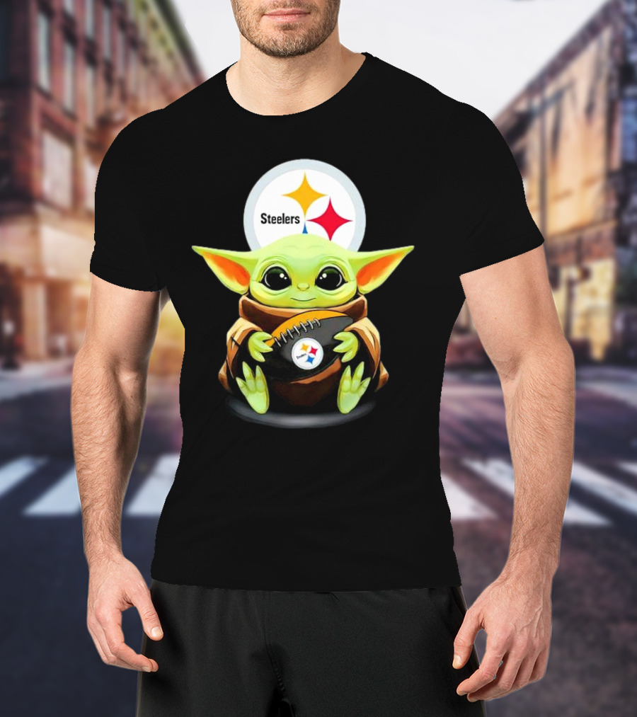 Baby Yoda Holding Pittsburgh Steelers Football T-Shirt