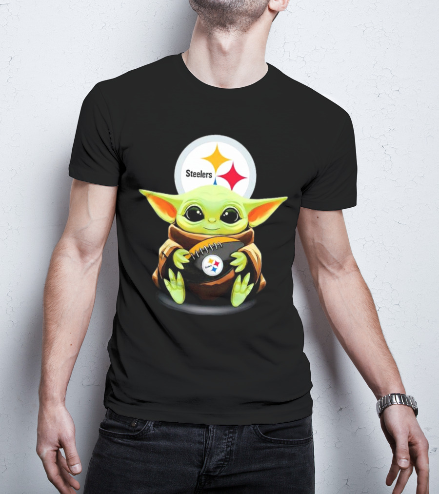Baby Yoda Holding Pittsburgh Steelers Football T-Shirt