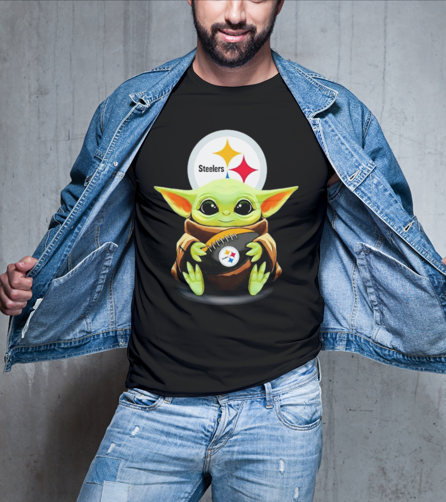 Baby Yoda Holding Pittsburgh Steelers Football T-Shirt