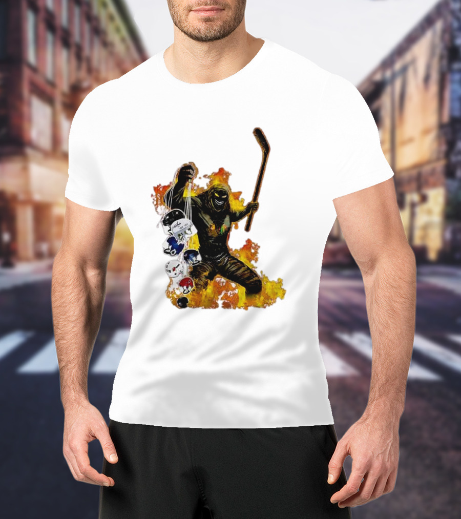 Evil Fire Hockey Player Holding Chicago Blackhawks And NHL Helmets T-Shirt