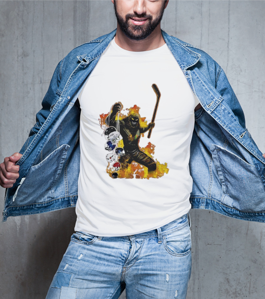 Evil Fire Hockey Player Holding Chicago Blackhawks And NHL Helmets T-Shirt