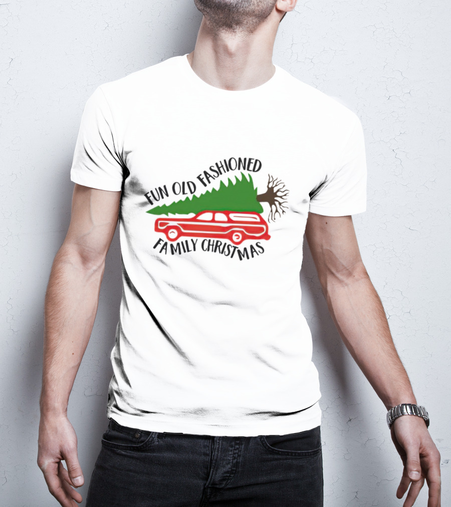 Fun Old Fashioned Family Christmas Station Wagon Tree Scene T-Shirt