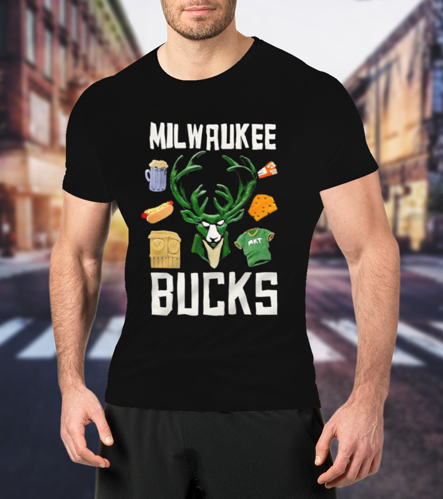 Milwaukee Bucks NBA Market Claymation Deer Cheese Hot Dog Beer T-Shirt