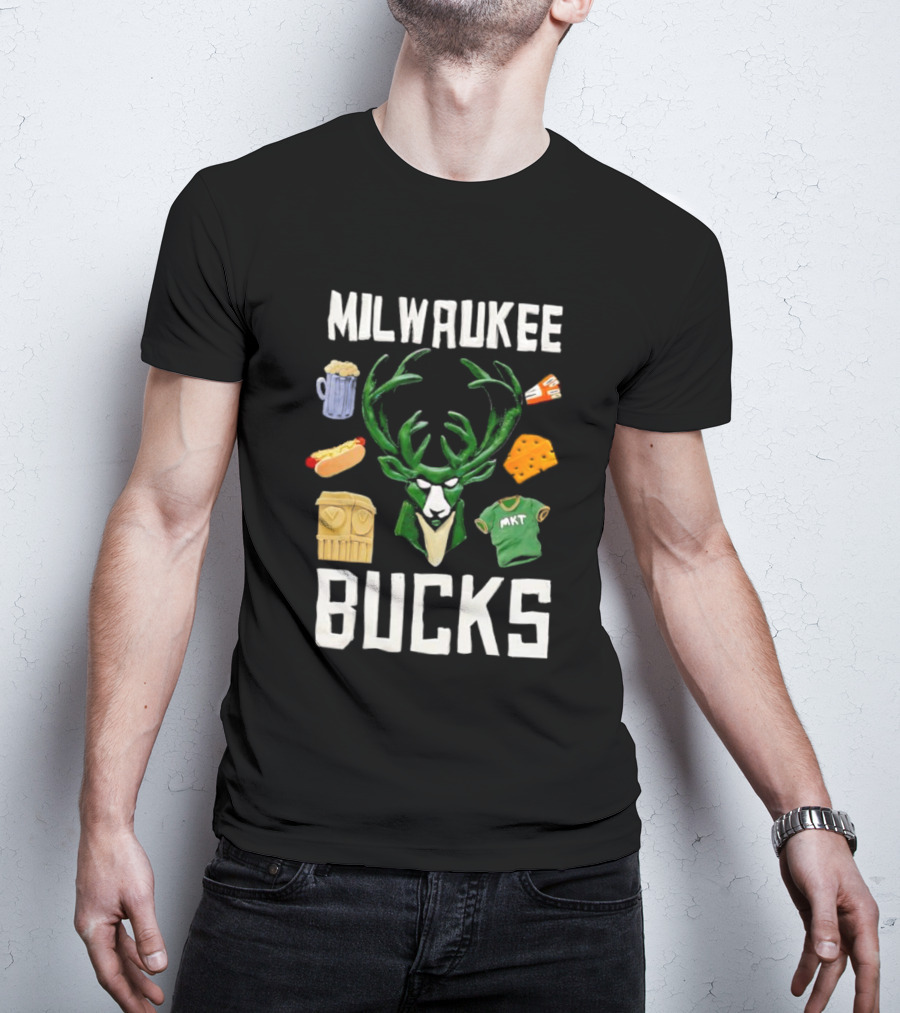 Milwaukee Bucks NBA Market Claymation Deer Cheese Hot Dog Beer T-Shirt