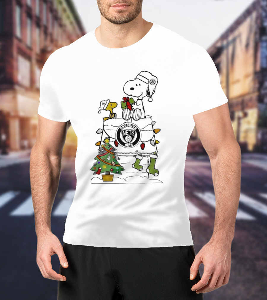 Snoopy Woodstock Christmas Igloo Brooklyn Nets Holiday Scene T-Shirt