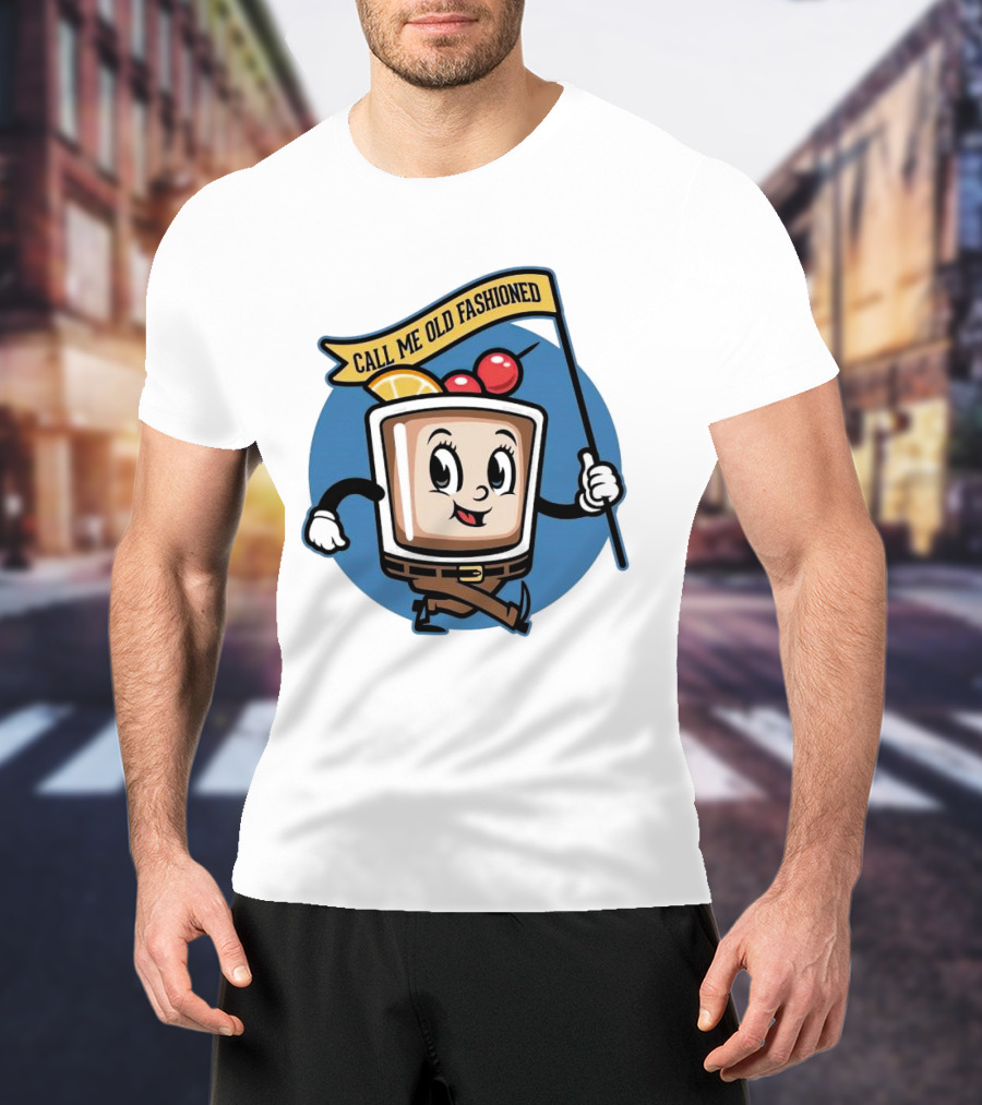 Whiskey Call Me Old Fashioned Cartoon Drink Character With Flag And Cherries T-Shirt